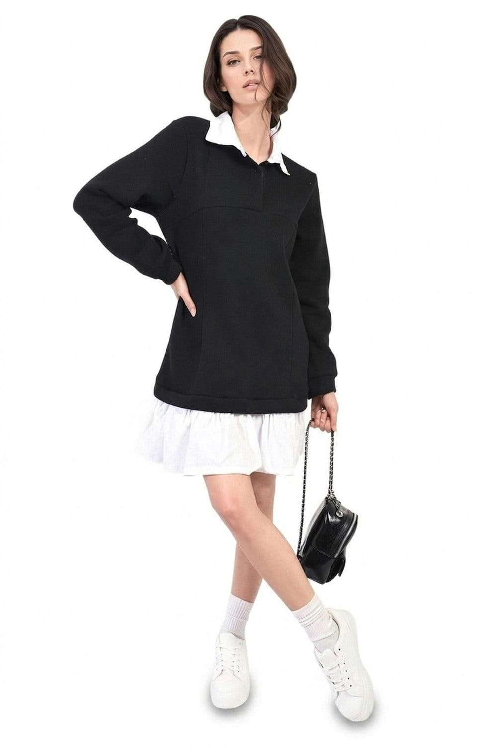 Kayla Collared Long Sleeve Mini Dress - Black_wb