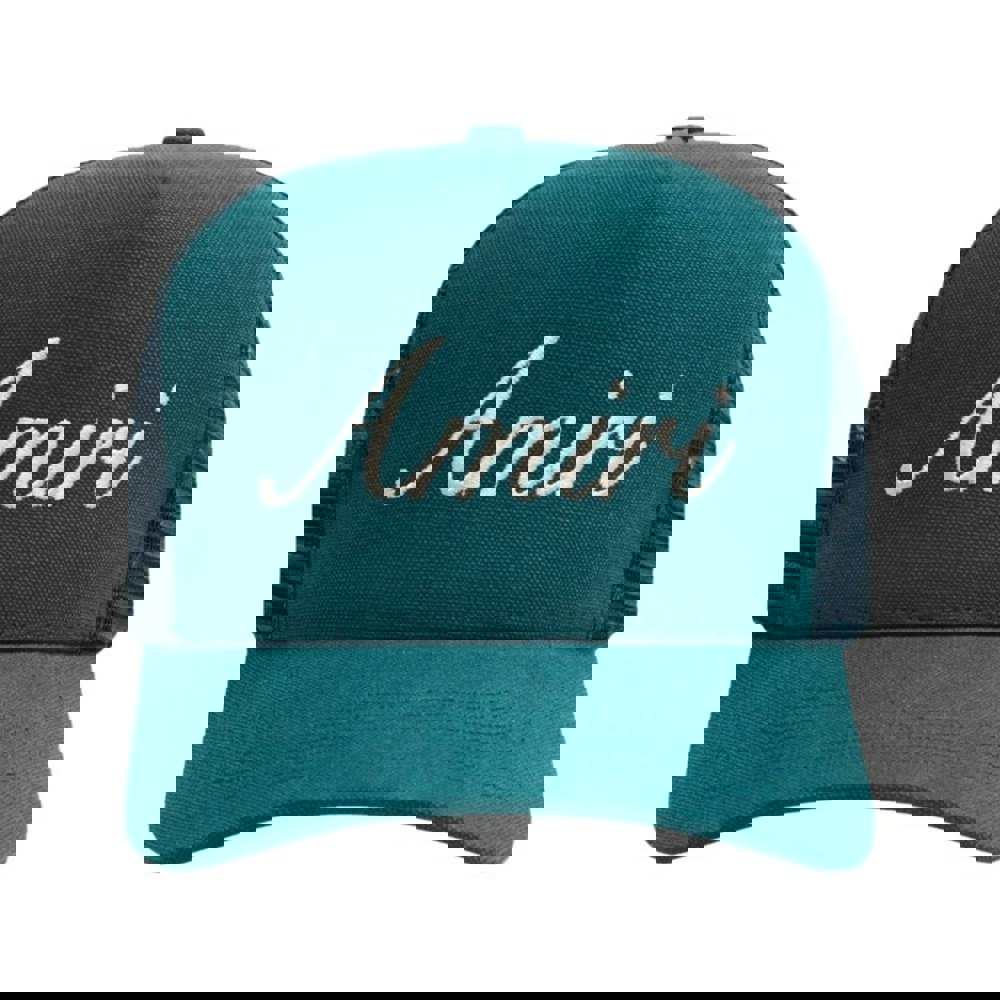 Amiri Script Logo Teal Blue Trucker Hat One Size