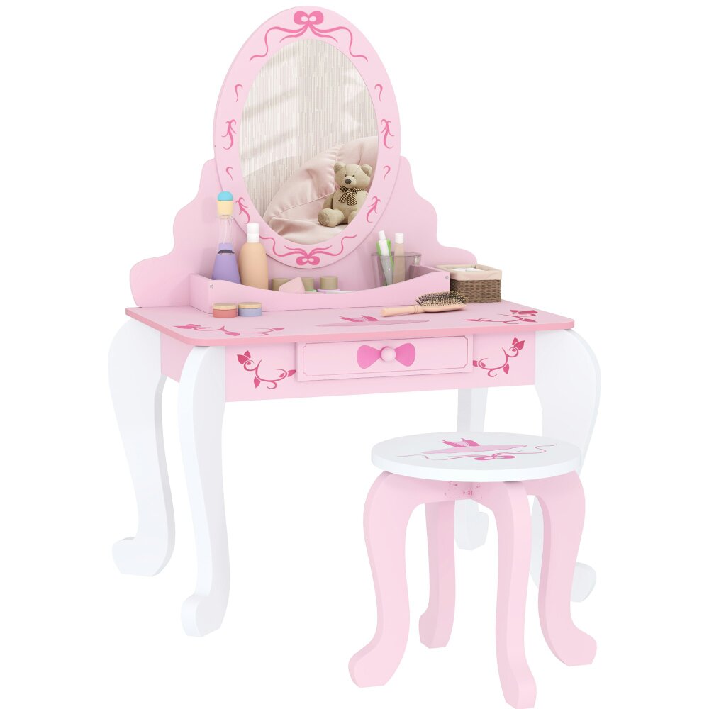 Coiffeuse Enfant 2 Pièces Avec Miroir Cœur - Table + Tabouret Rose, Rangement, Pour Maquillage Et Jeux, âge 3-6 Ans - 13