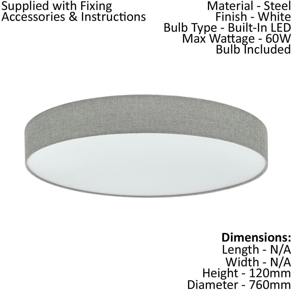 Flush Ceiling Light Colour White Shade Grey White Fabric Linen Plastic LED 60W Loops