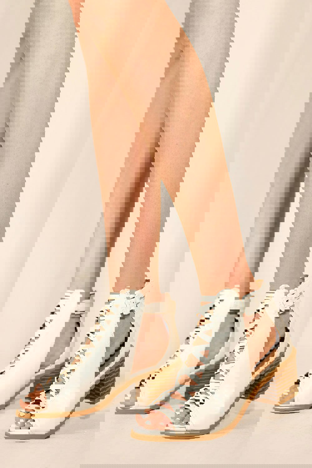 Where's That From Reydah Mid High Block Heel Sandals With Peep Toe & Criss Cross Detail in White Faux Leather