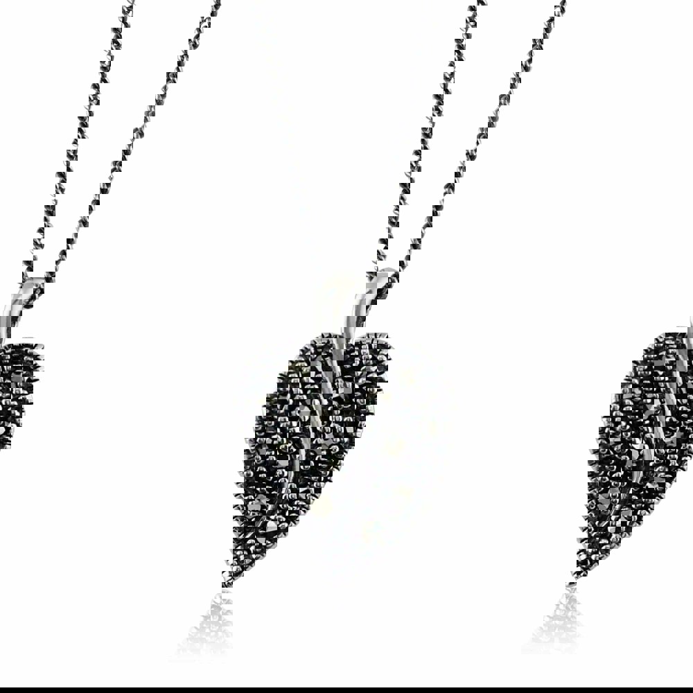 Art Nouveau Style Round Marcasite Leaf Swirl Pendant in 925 Sterling Silver - Gemondo