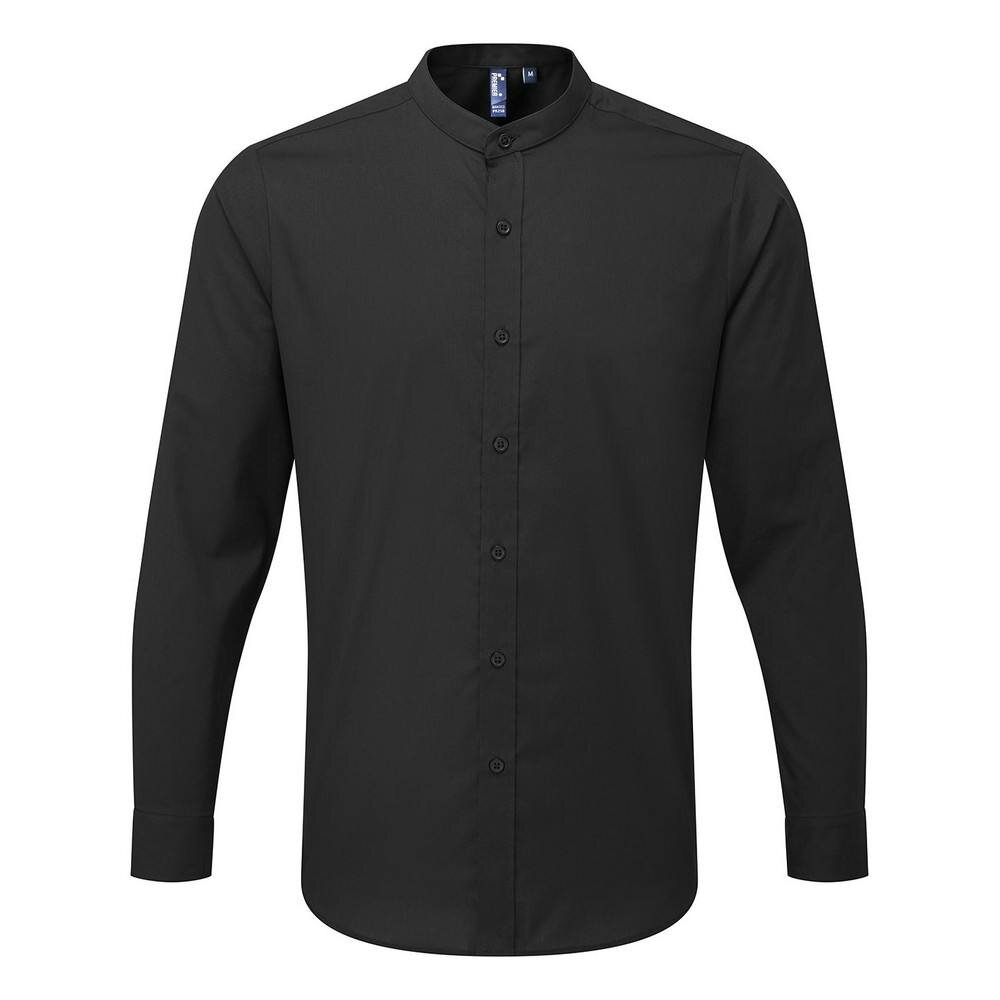 Premier Mens Banded Collar Long-Sleeved Formal Shirt - Black - Black - 65% Polyester/35% Cotton