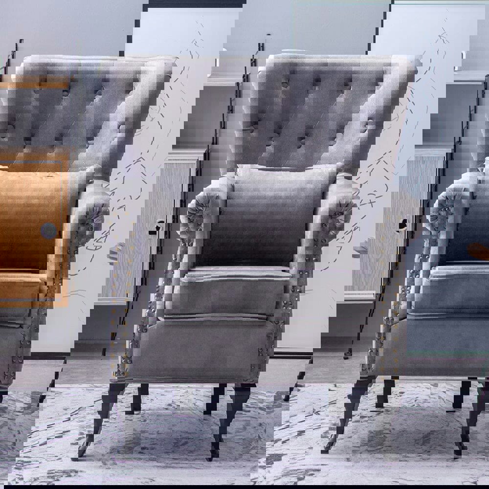 Grey Tufted Velvet Upholstered Wingback Chair with Pillow Wingback Chairs Living and Home