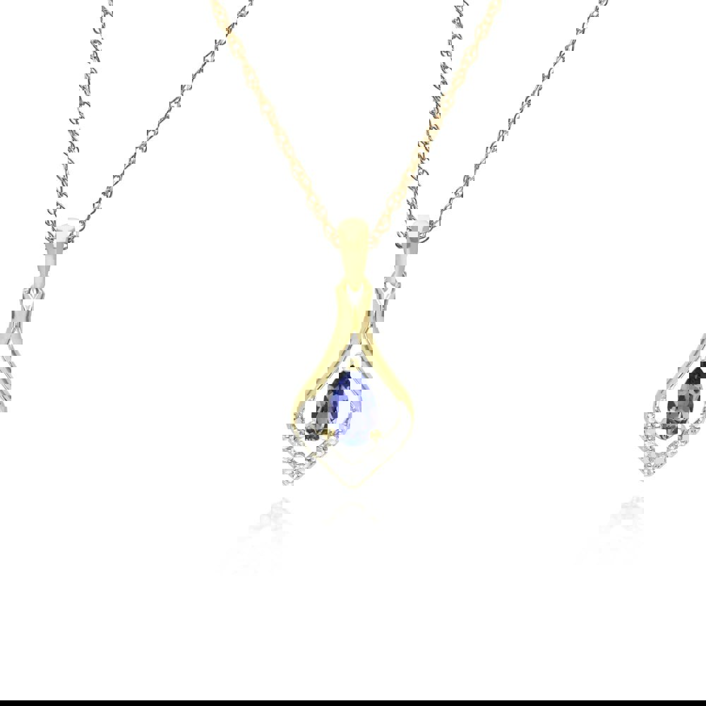 135P1915099 Classic Pear Tanzanite & Three Diamond Leaf Halo Pendant in 9ct Yellow Gold 1