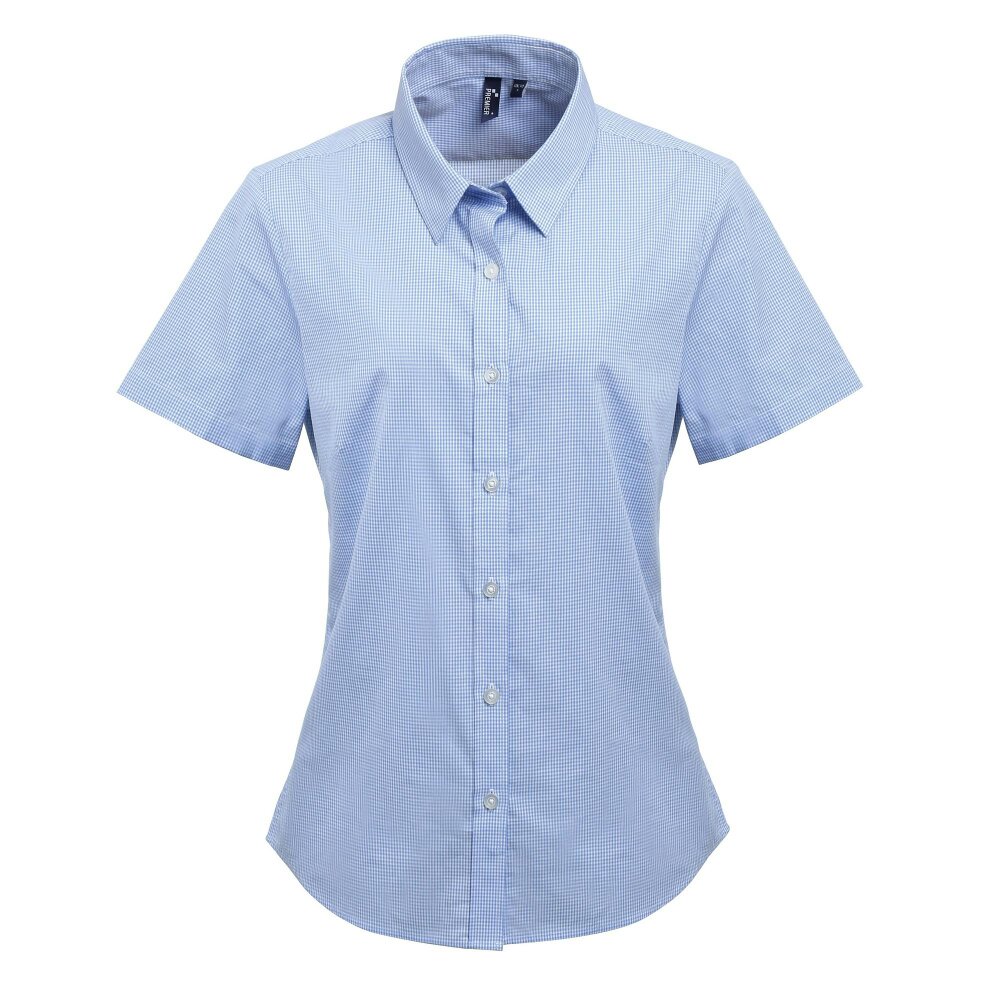 Premier Womens/Ladies Microcheck Short Sleeve Cotton Shirt - Light Blue/White - Light Blue/White - 100% Cotton