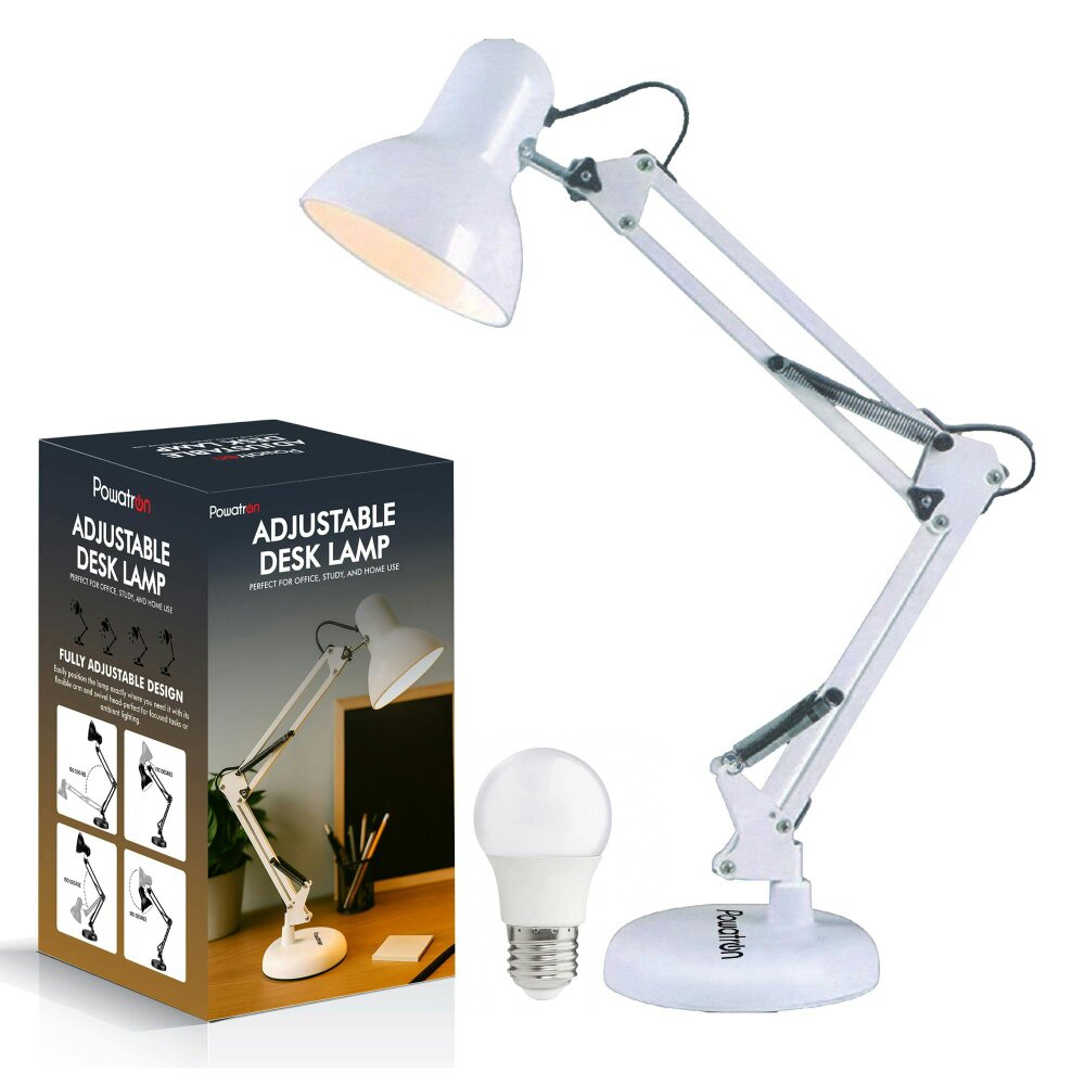 Powatron Adjustable Desk Lamp with UK Plug & E27 Bulb Included – Flexible Metal Arm, Rotatable Head, 150° - White - Yes - One Size