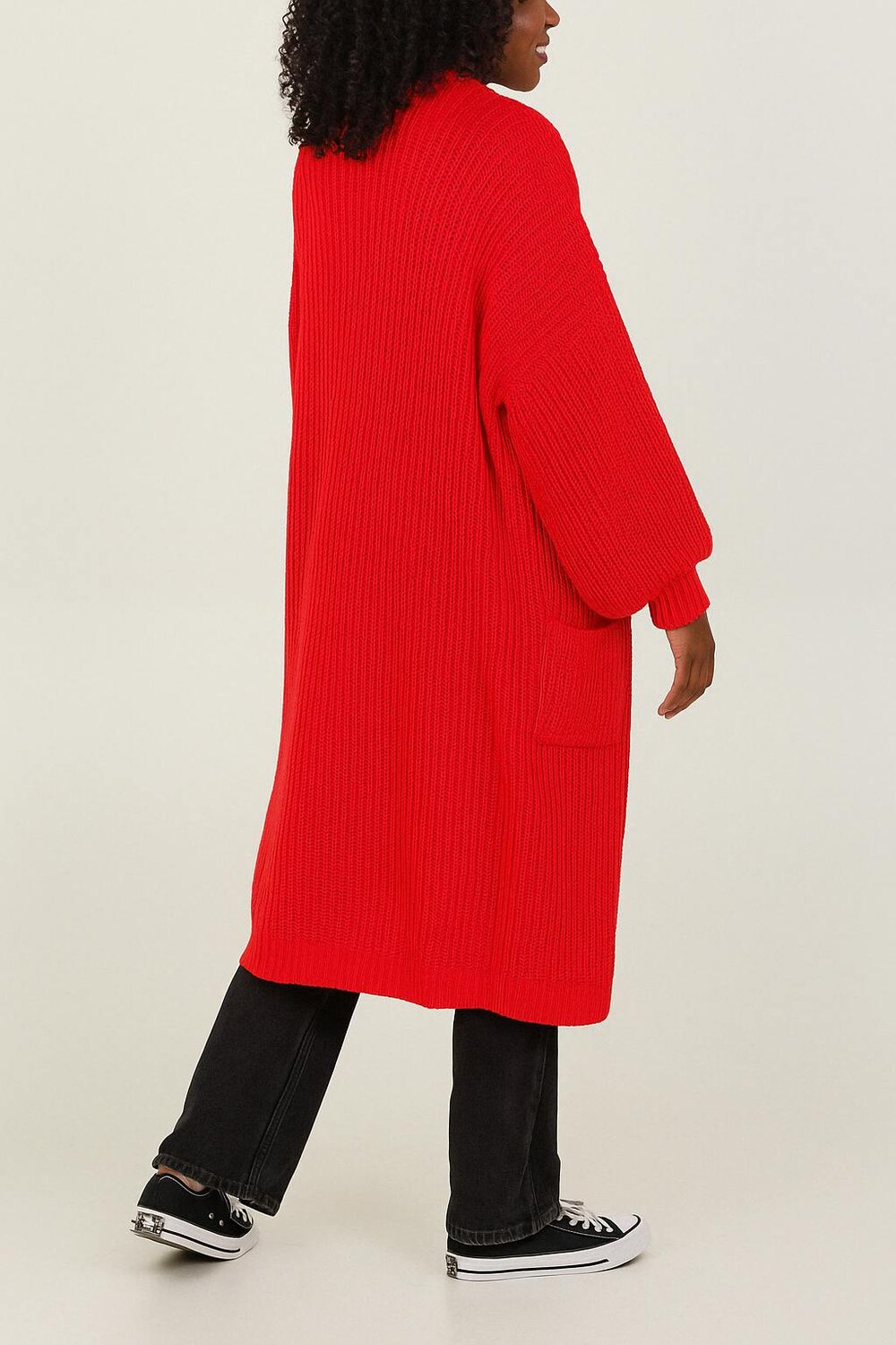 Hoxton Gal Oversized Long Sleeves Midi Knitted Cardigan with Pocket Details in Red