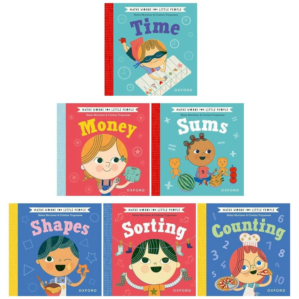 Maths Words for Little People 6 Book Set Shapes, Sorting, Counting, Sums, Time, Money