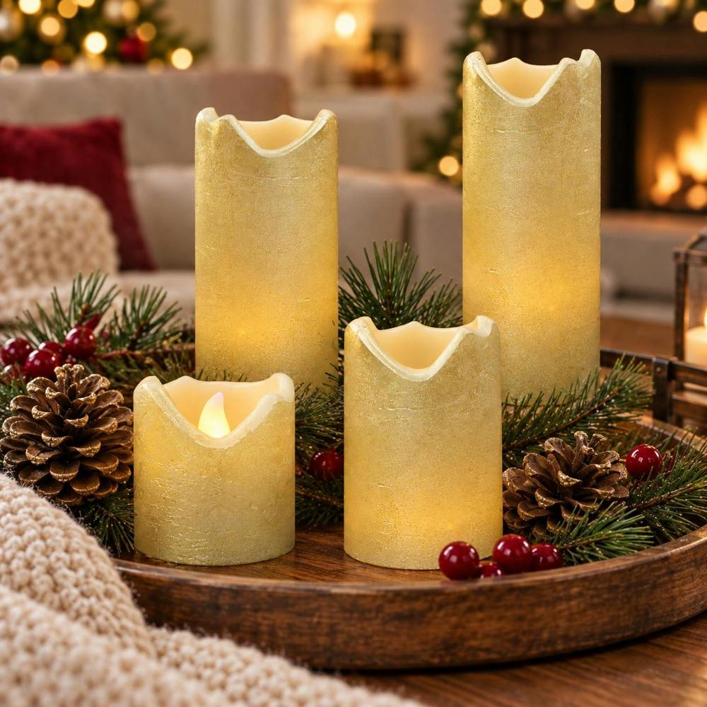 Dyzi Set of 4 Flameless LED Real Wax Flickering Candles Gold