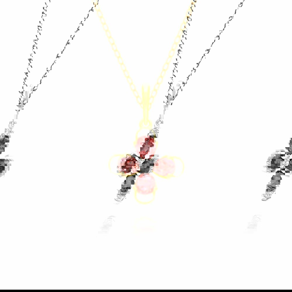 Gemondo Floral Garnet & Diamond Pendant Necklace in 9ct Yellow Gold