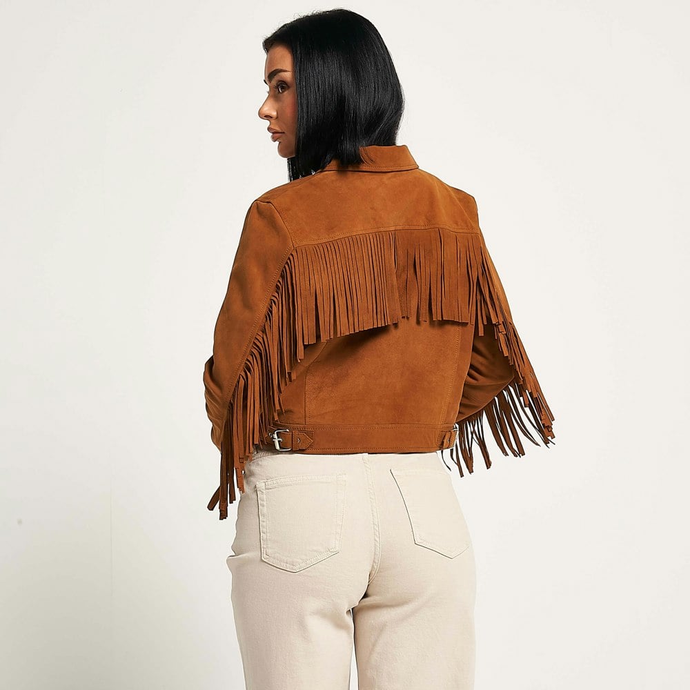 Barneys Originals Women's Tan Suede Fringe Harrington