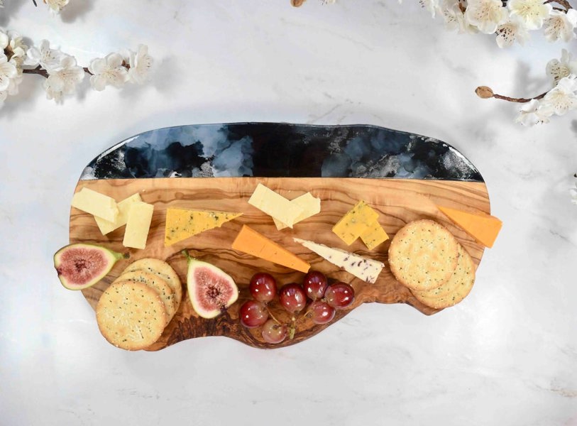 Black Resin Chopping Board - Olive Wood Cheese Board - Unique Housewarming Gift - New Home Present - Retirement Gift for Colleague