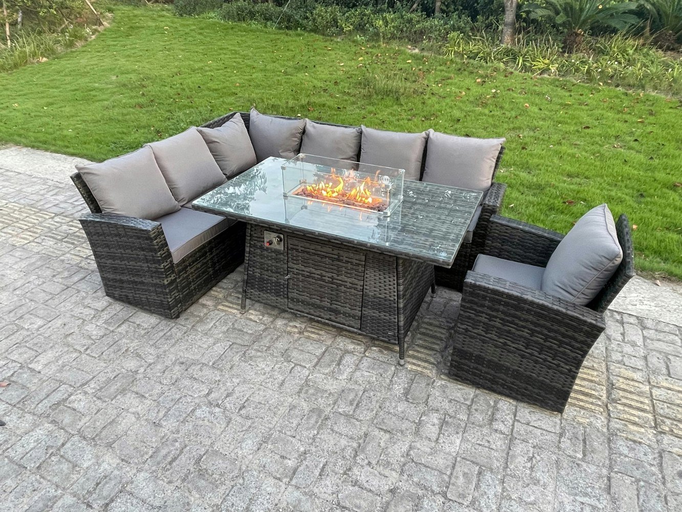 Fimous Outdoor Rattan Corner Sofa Garden Furniture High Back Sofa Set Gas Fire Pit Dining Table Gas Heater Burner Arm Chair 7 Seater