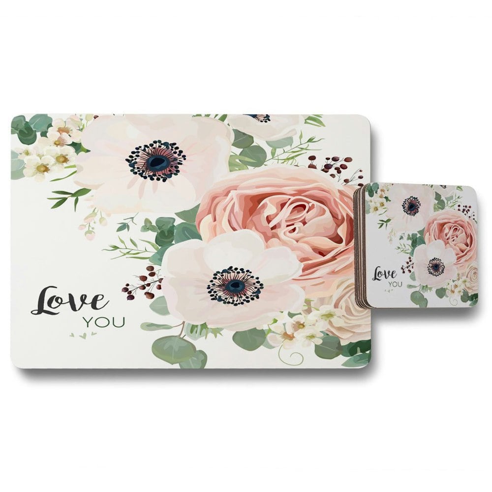 New Product Garden Flower, Pink Peach Rose, White Anemone (Placemat & Coaster Set)  - Andrew Lee Home and Living