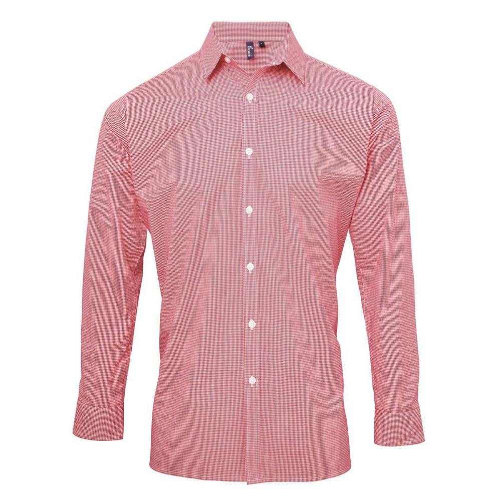 Premier Mens Gingham Long-Sleeved Shirt - Red/White - Red/White