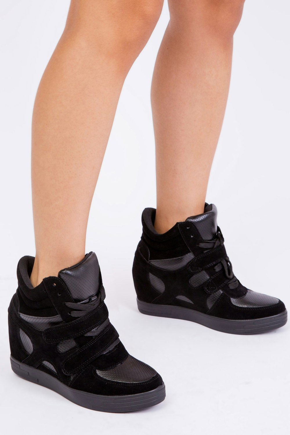 Where's That From Hitop Wedge Trainers With a Front Lace Up in Black Suede