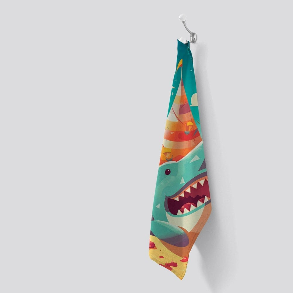 Warren Reed Shark On A Beach Holiday Tea Towel