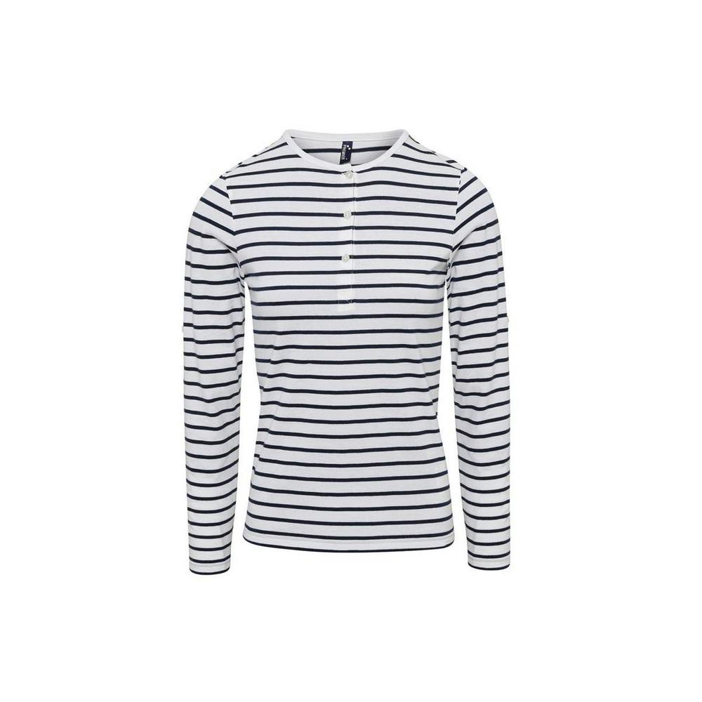 Premier Womens/Ladies Long John Striped Roll Sleeve T-Shirt - White/Navy - White/Navy - 82% Polyester/14% Viscose/4% Elastane