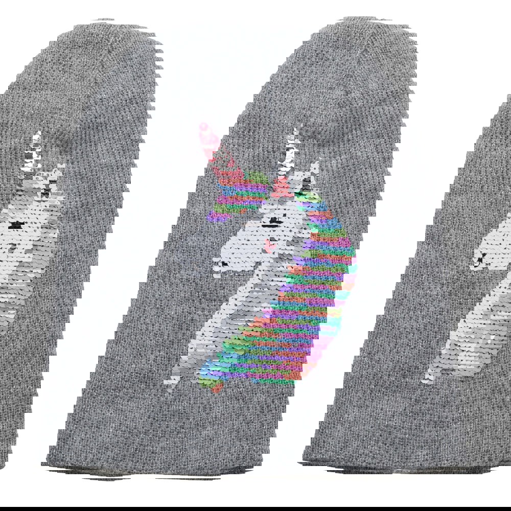Universal Textiles Childrens Girls Reversible Unicorn Sequins Beanie Hat - Grey