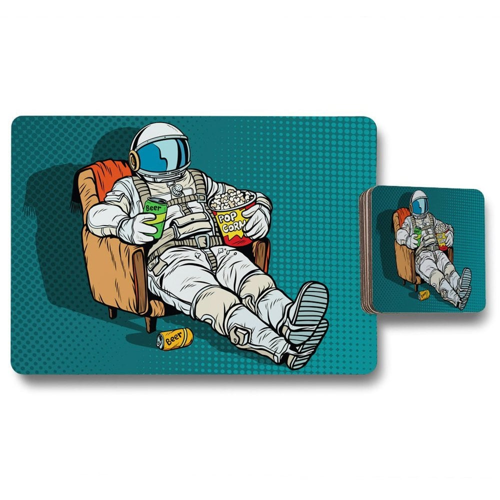 Benjamin Tate Design Astronaut the audience with beer and popcorn sitting in a chair. loneliness in space. Pop art retro (Placemat & Coaster Set)