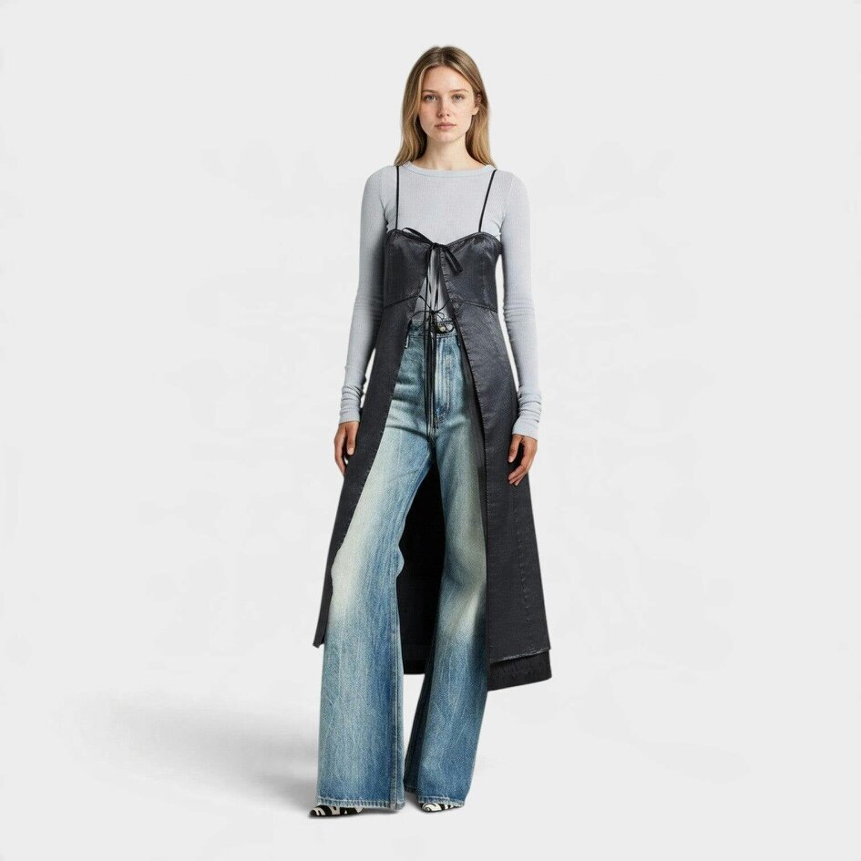 Maison Margiela MM6 Washed Viscose Satin Tie Front Dress Black