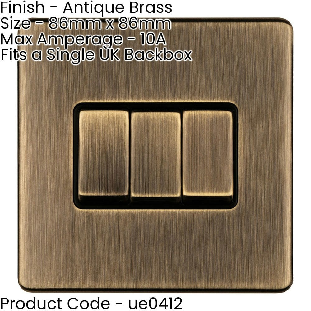 3 PACK 3 Gang Triple Light Switch SCREWLESS ANTIQUE BRASS 2 Way 10A Slim Rocker 