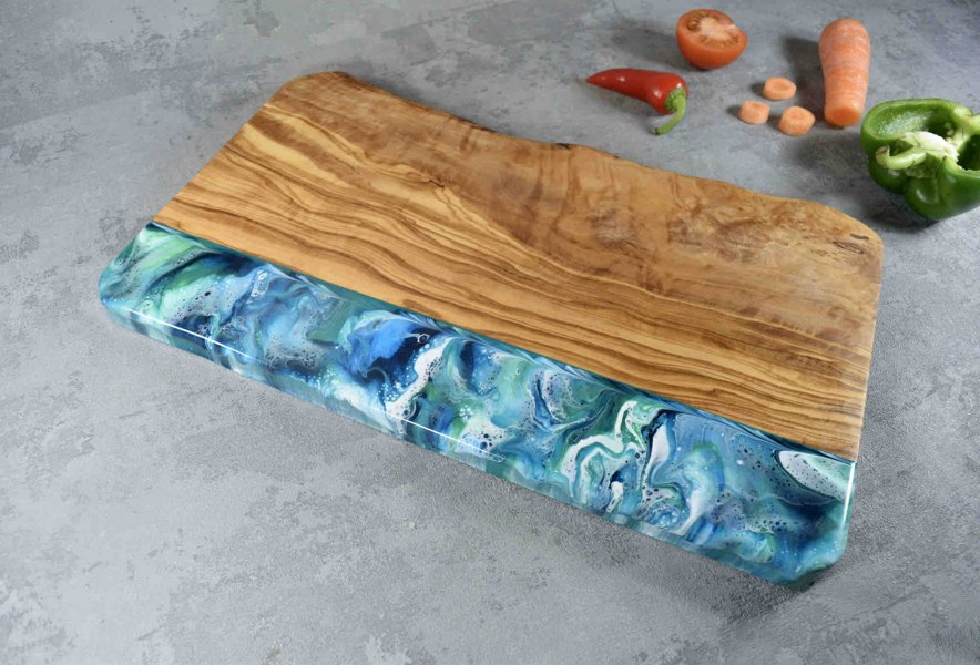 Large Rustic Olive Wood Board with Ocean Blue Resin Art 40cm 