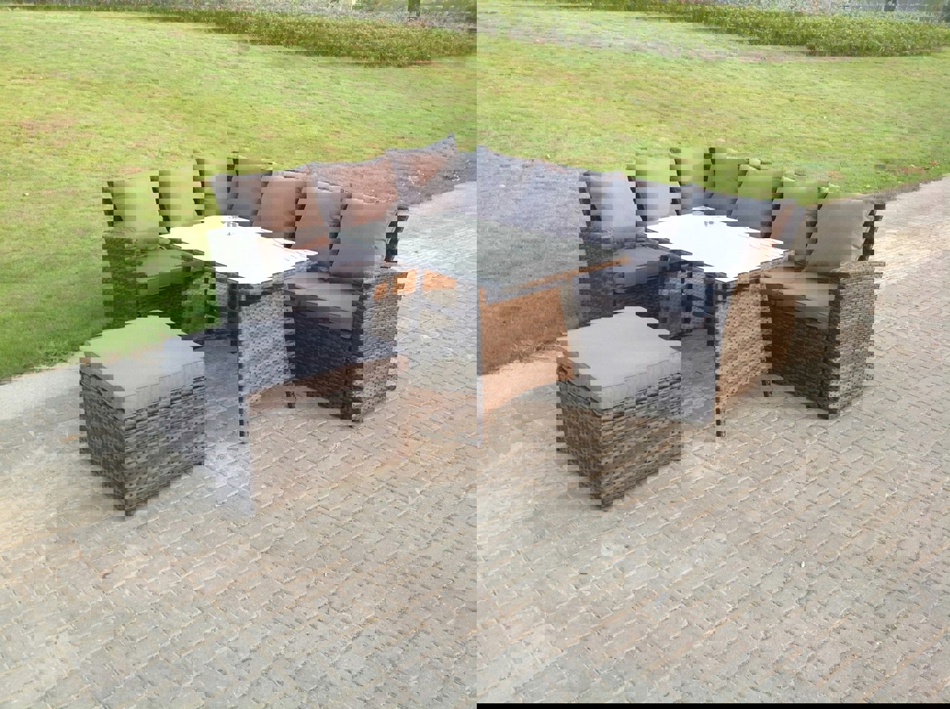 Fimous 7 Seater High Back Rattan Garden Furniture Set Corner Sofa With Oblong Dining Table Footstool