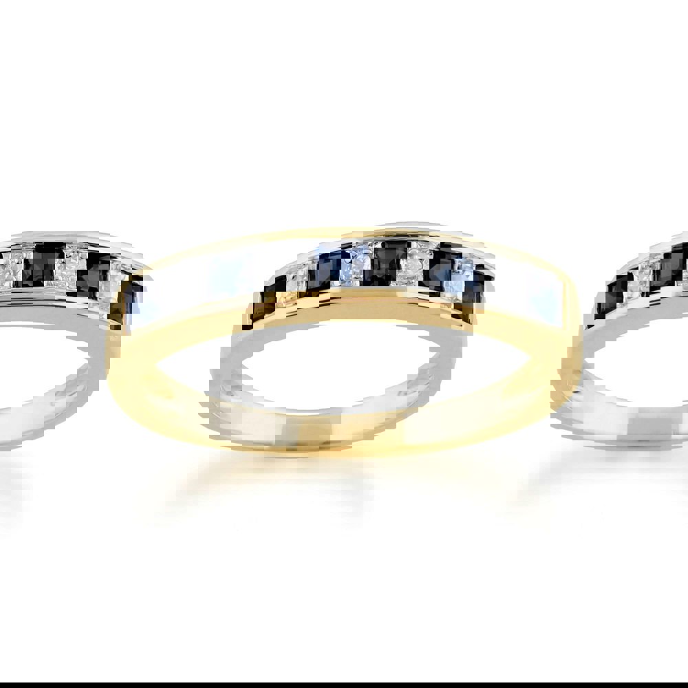Classic Square Sapphire & Diamond Half Eternity Ring in Yellow 9ct Gold