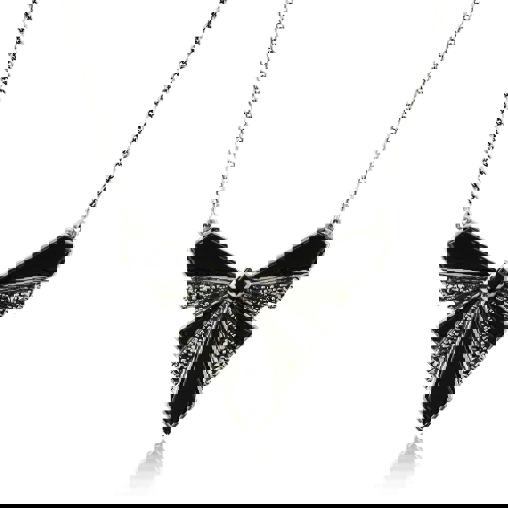 Art Deco Style Black Onyx Cabochon & Marcasite Necklace in 925 Sterling Silver - Gemondo