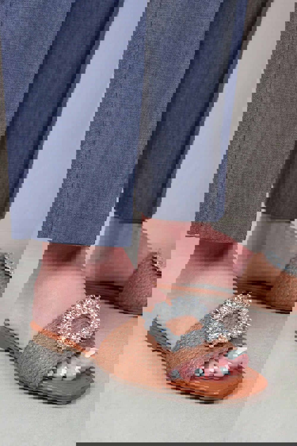 Where's That From Farrah Flat Sandals With Embellished Detail Single Band in Tan