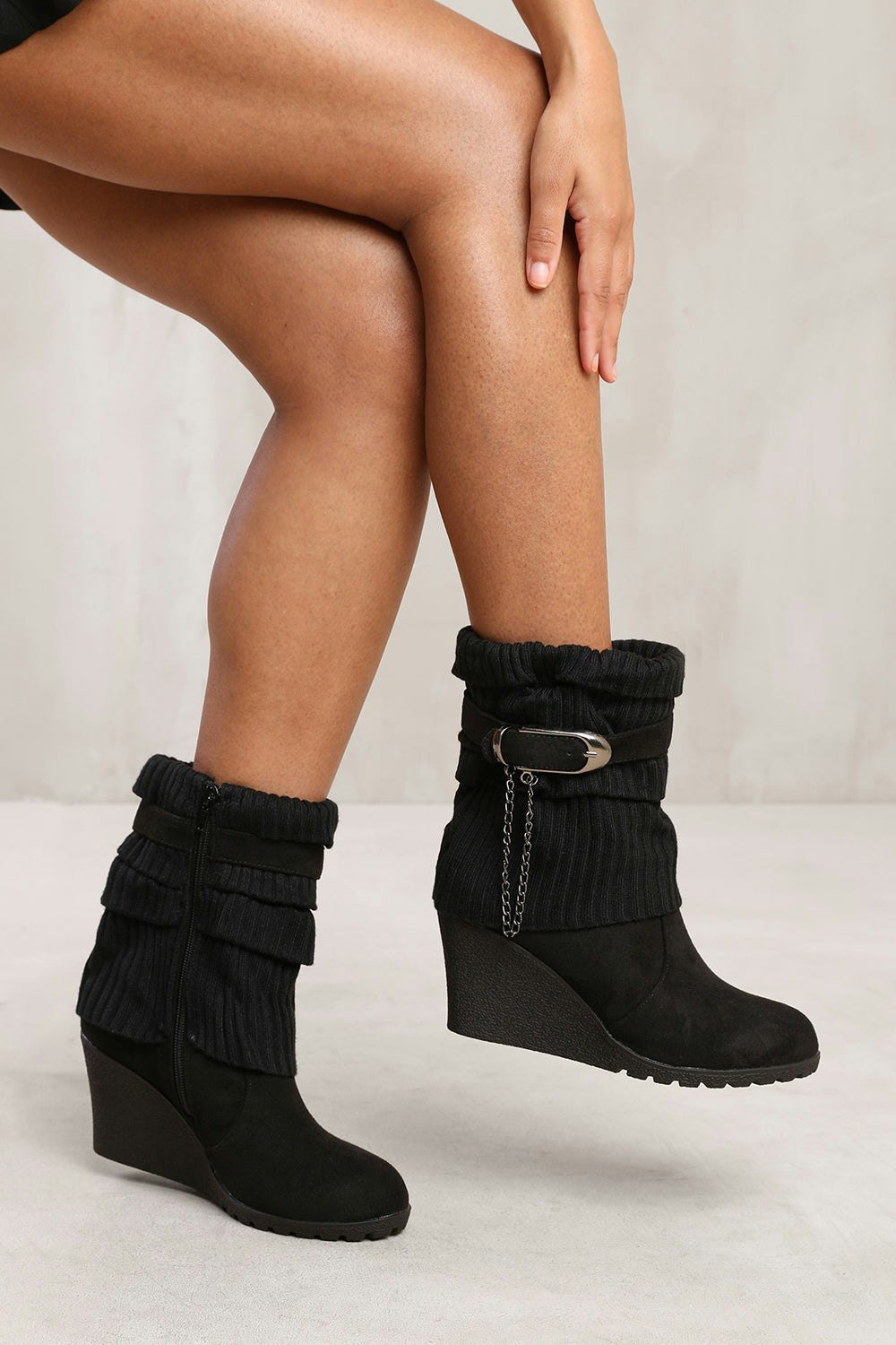 Where's That From Maylah Wedge Heel Slouchy Ankle Boots With Knitted Collar in Black