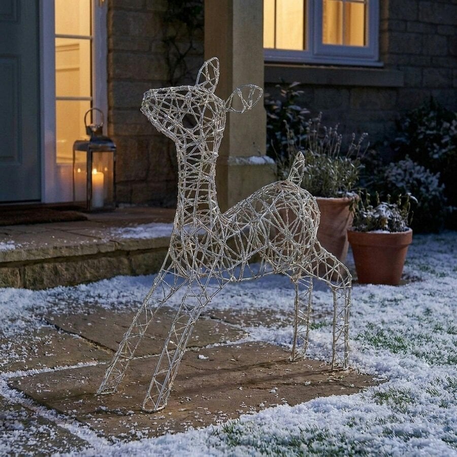 Garden Greatness Twinkling Lit White Metal Baby Deer