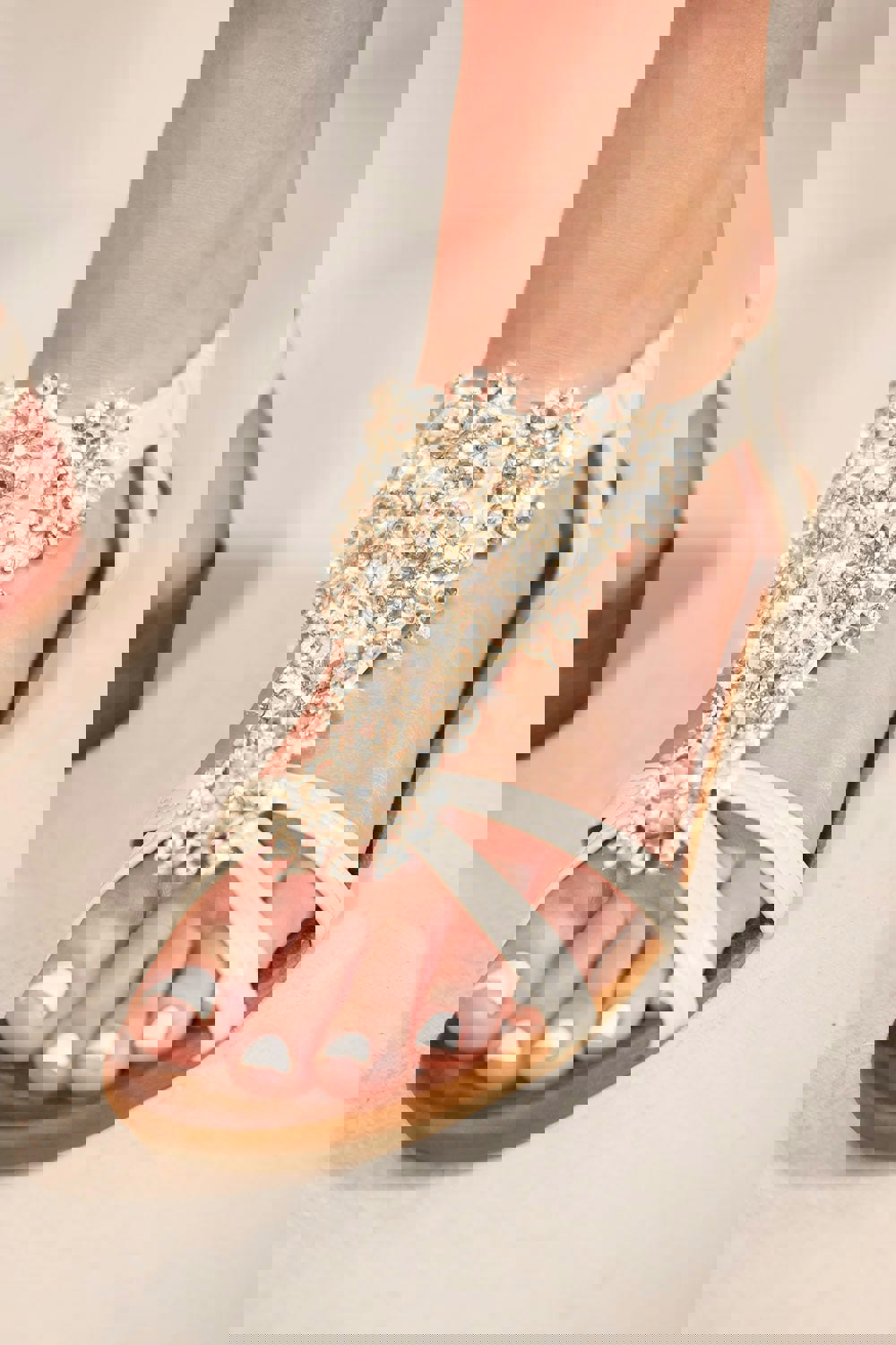 Where's That From Cevedo Low Wedge Heel Sandals With Diamante Flowers Detail in Nude Faux Leather