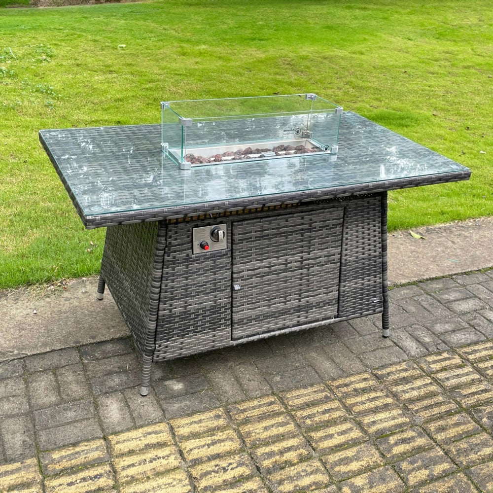 Fimous Dark Grey Rattan Fire Pit Table Dining Table Gas Heater Garden Furniture Accessory Patio With Clear Tempered Glass