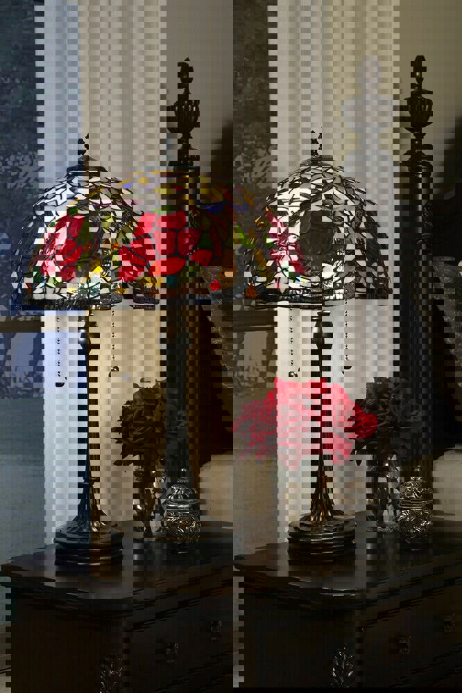 2 Bulb Twin Table Lamp Tiffany Style Glass Art Nouveau Vintage Bronze E27 60W Loops