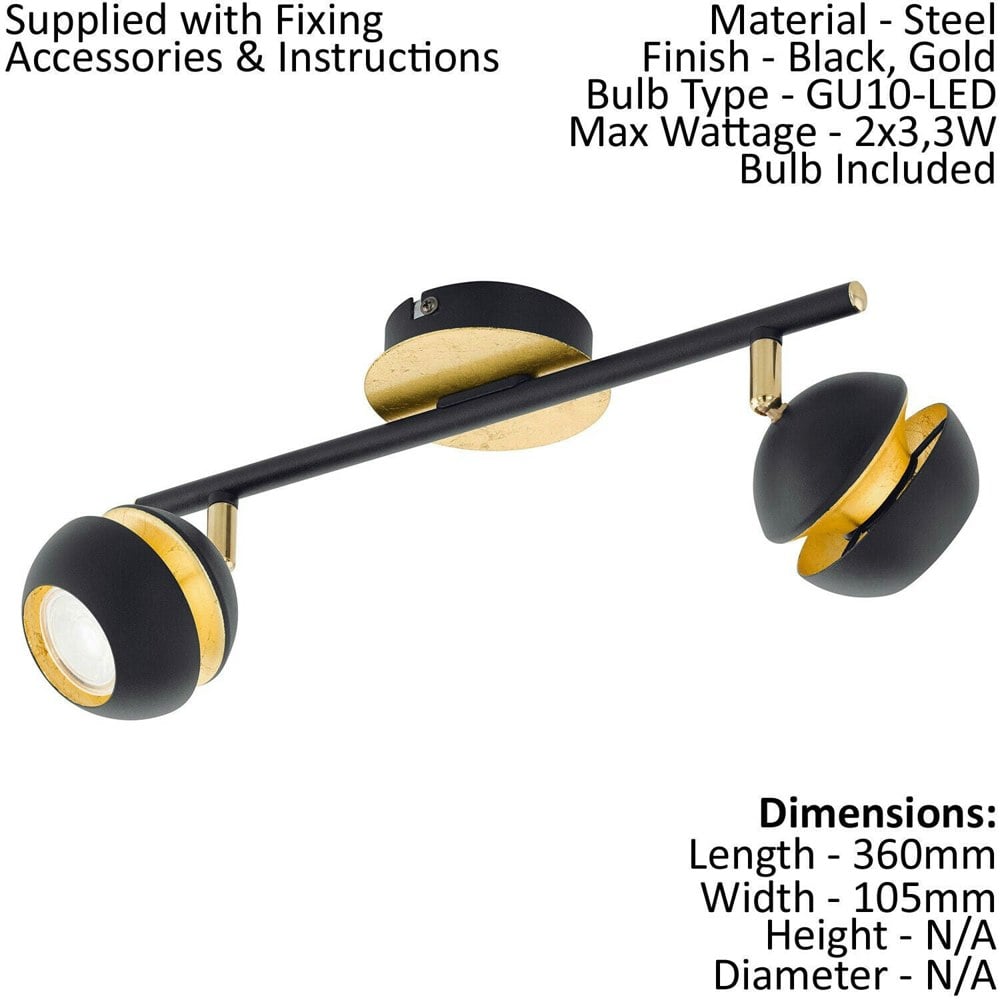 Flush 2 Spot Ceiling Light Colour Black Gold Shade & Back Plate Bulb GU10 2x3.3W Loops