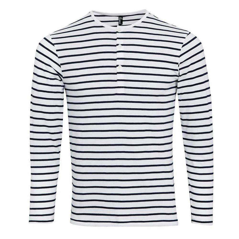 Premier Mens Long John Roll Sleeve Tee - White/Navy - White/Navy - 82% Polyester/14% Viscose/4% Elastane
