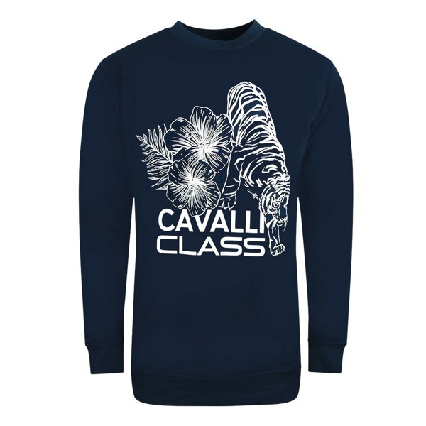 Cavalli Class Large Floral Tiger Design Navy Blue Sweatshirt M