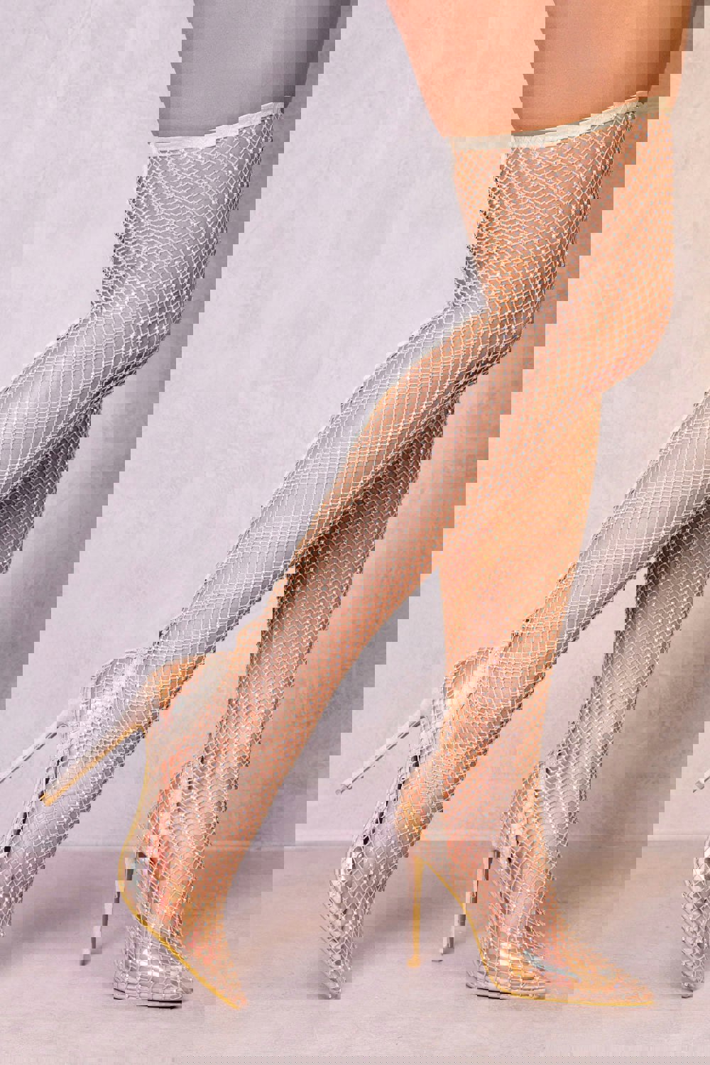 Where's That From Freya Pointed High Heel With Over the Knee Fishnet and Diamante Detail in Nude Suede
