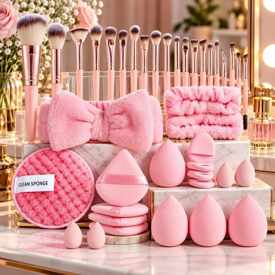 Dyzi Makeup Brush Set with Soft Brushes, Beauty Blenders & Puffs Gift Set