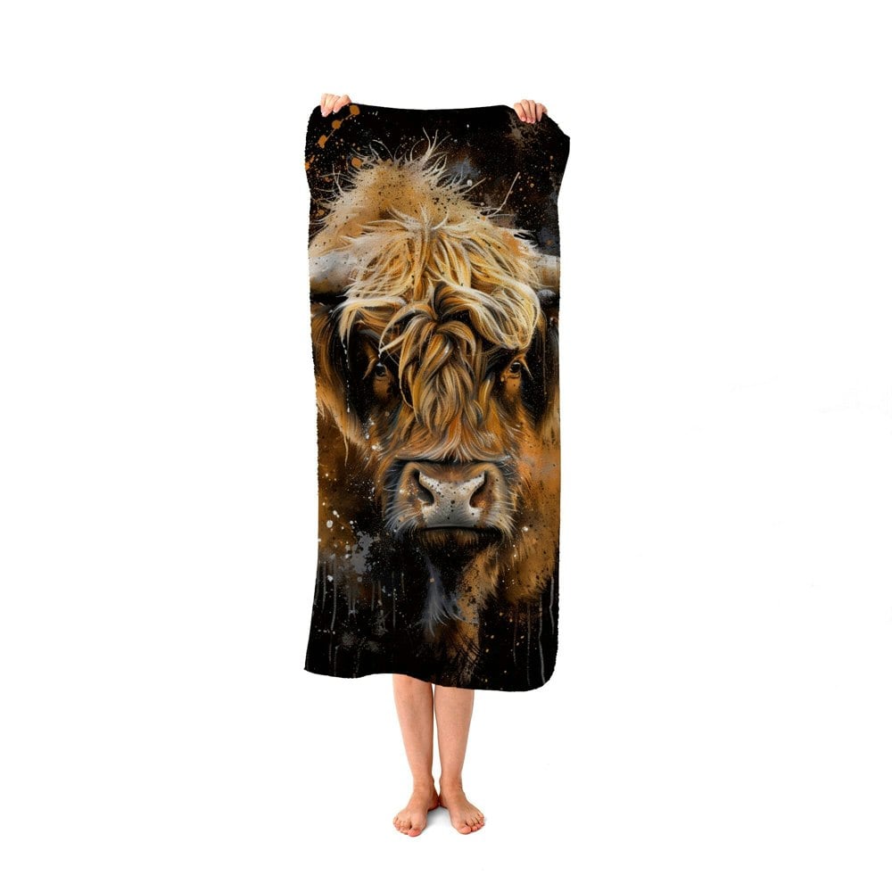 Warren Reed Bronze Splashart Highland Cow Beach Towel