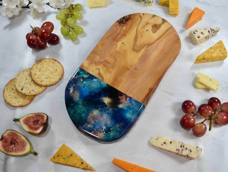 Rounded Rustic Olive Wood Cutting Board 30cm - blue gold bronze kitchen decor - cheese lover gift ideas - Kate Chesters Art - charcuterie tapas serving board