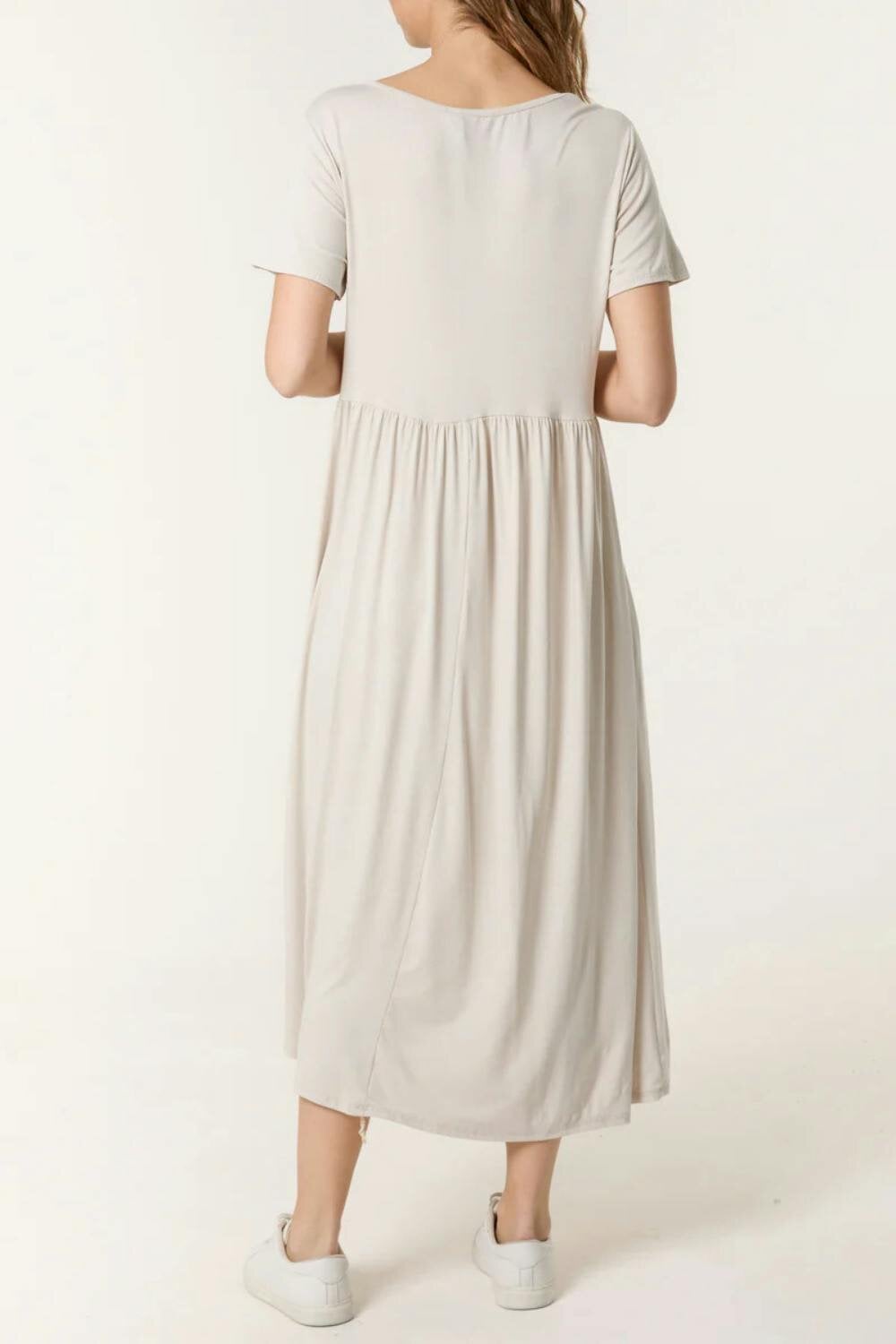 Hoxton Gal Oversized Round Neck Stretch Tiered Midi Dress in Beige
