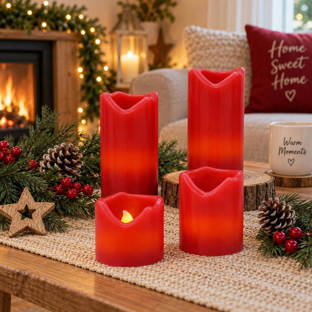 Dyzi Set of 4 Flameless LED Real Wax Flickering Candles Red