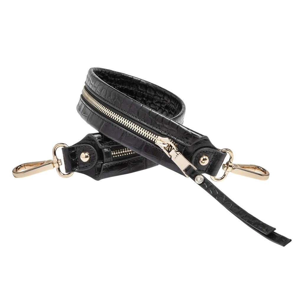 black embossed gretchen wide leather strap with  zip detail