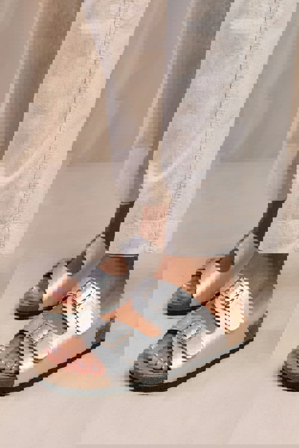 Where's That From Willow Two Strap Flat Sandals With Buckle Detail in Silver Matt Pu