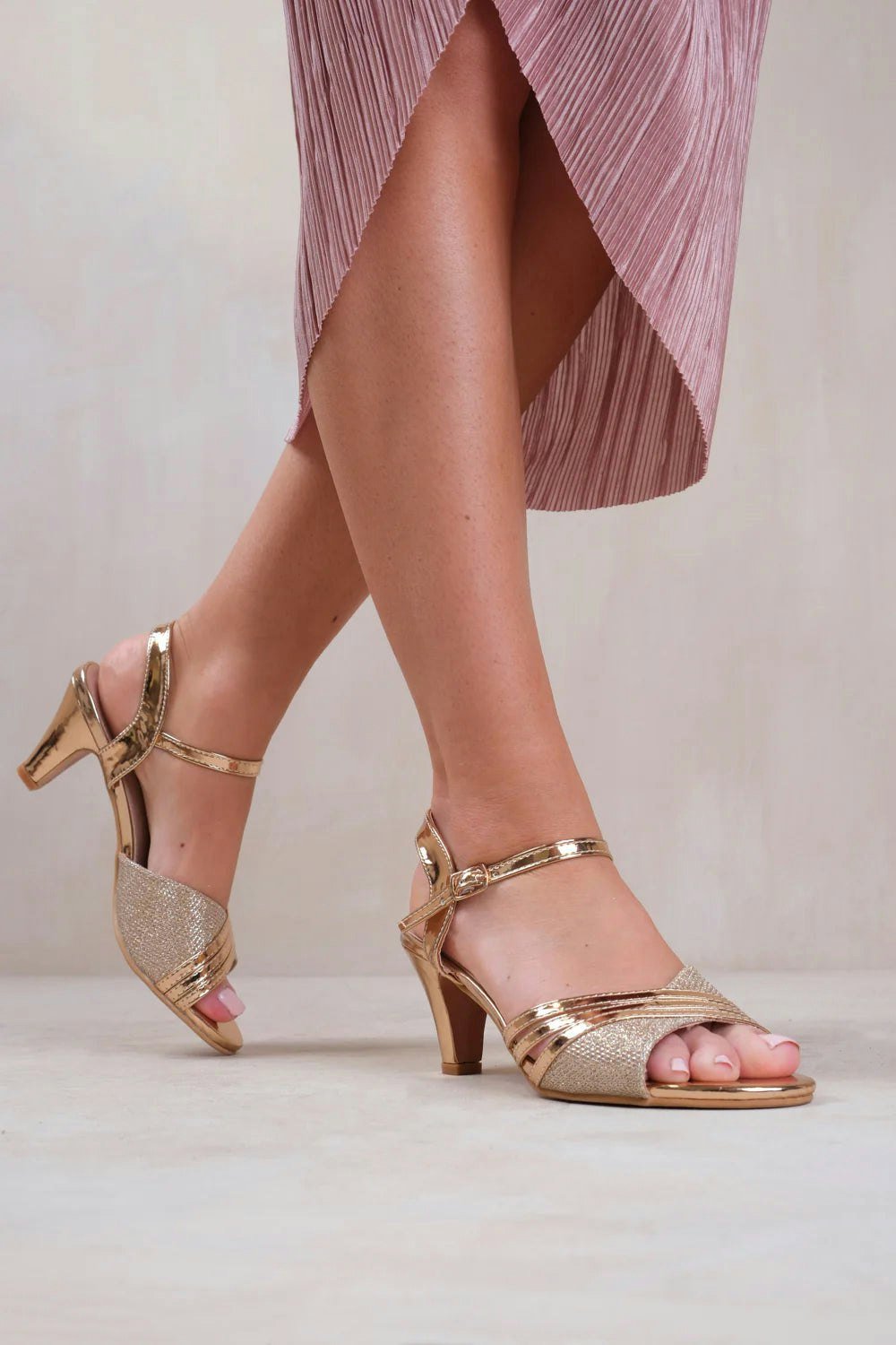 Where's That From Stormi Extra Wide Fit Low Heel Sandals With Buckle Ankle Strap In Gold Glitter