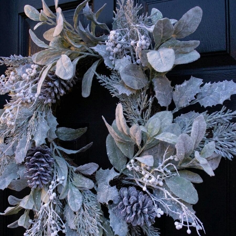 Garden Greatness Lambs ear, Holly, Cone, and White Berry flocked wreath Door Accent